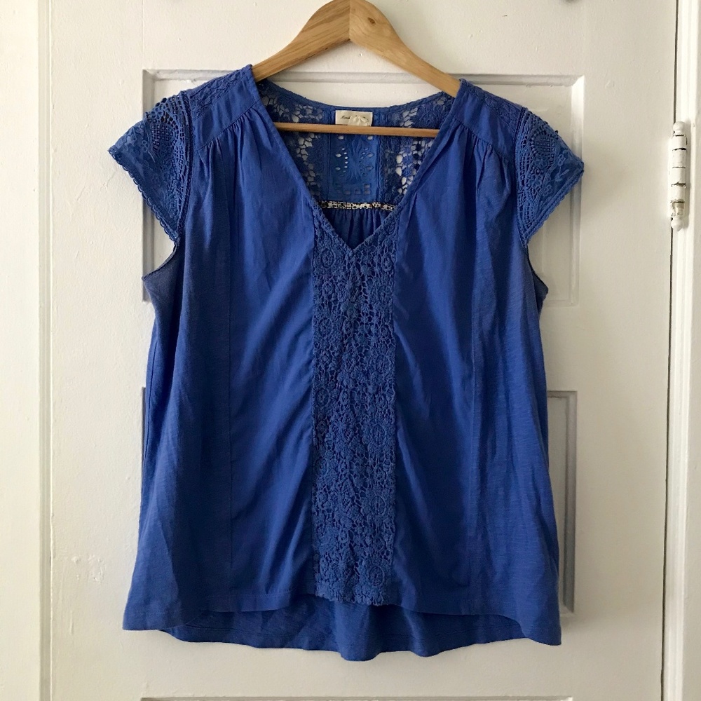 Anthropologie Meadow Rue Blue Crochet V-Neck Top